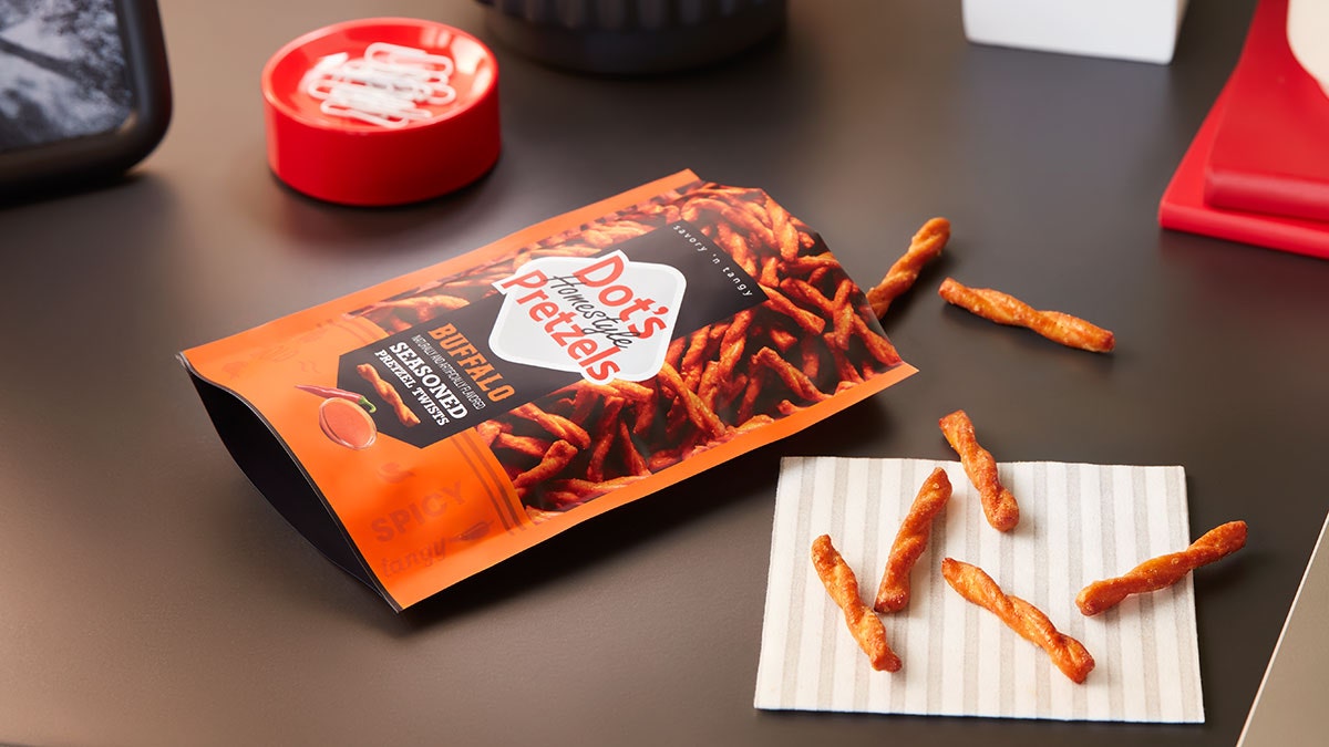 Dot's Buffalo Pretzels sitting on a desk
