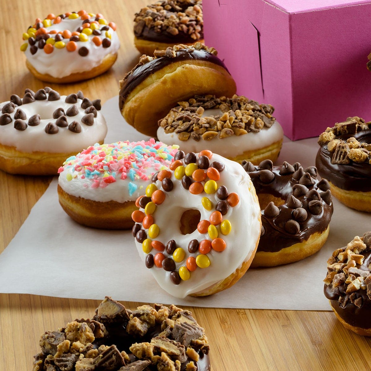 Donuts sitting on a table