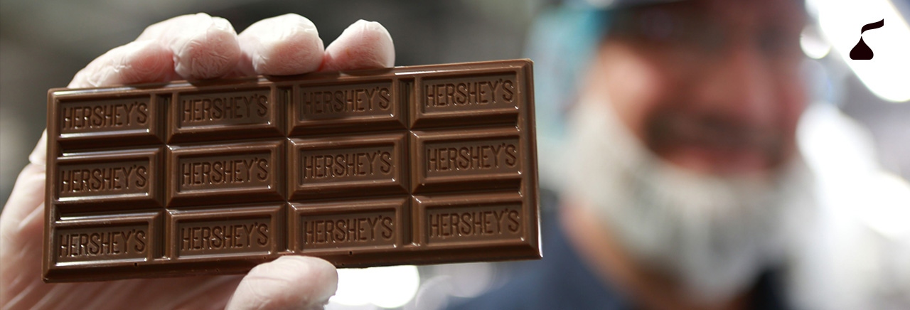 Hand holding up a Hershey's Chocolate bar
