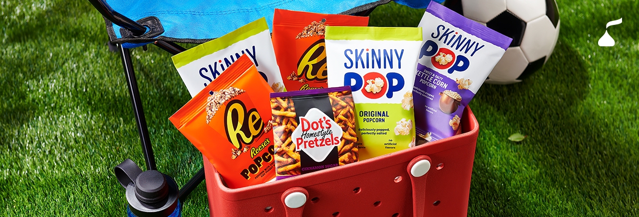 A variety of Hershey's snacks in a basket