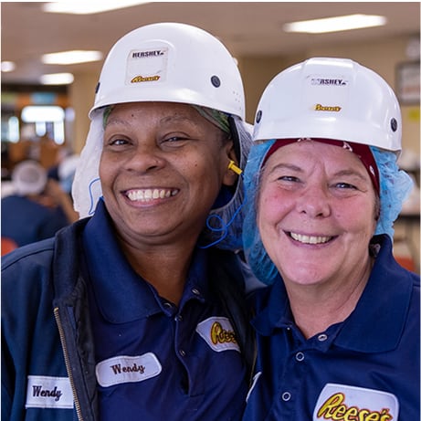 Two Hershey's plant workers in uniform and wearing protective equipment