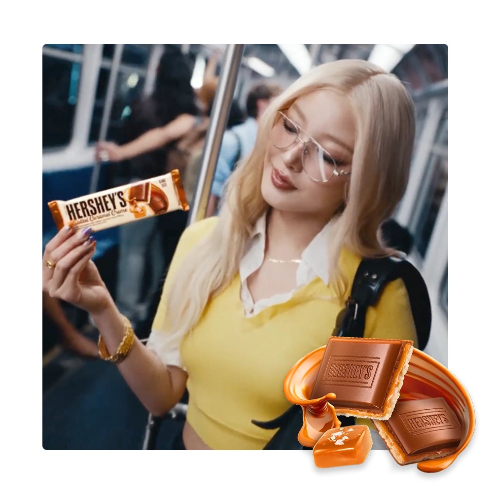 katseye member holding hersheys salted caramel creme candy bar
